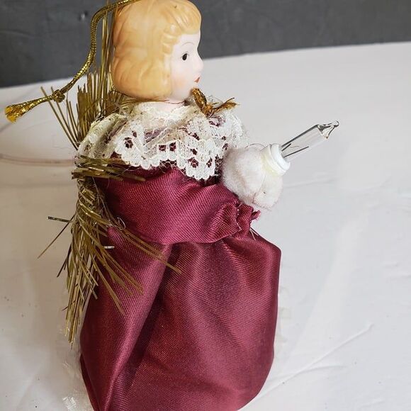 Vintage Burgundy Maroon Light Up Angel Christmas Tree Ornament 5" - Picture 2 of 6